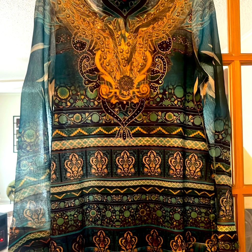French blue ladies blouse with detailed ornaments sheer sleeves